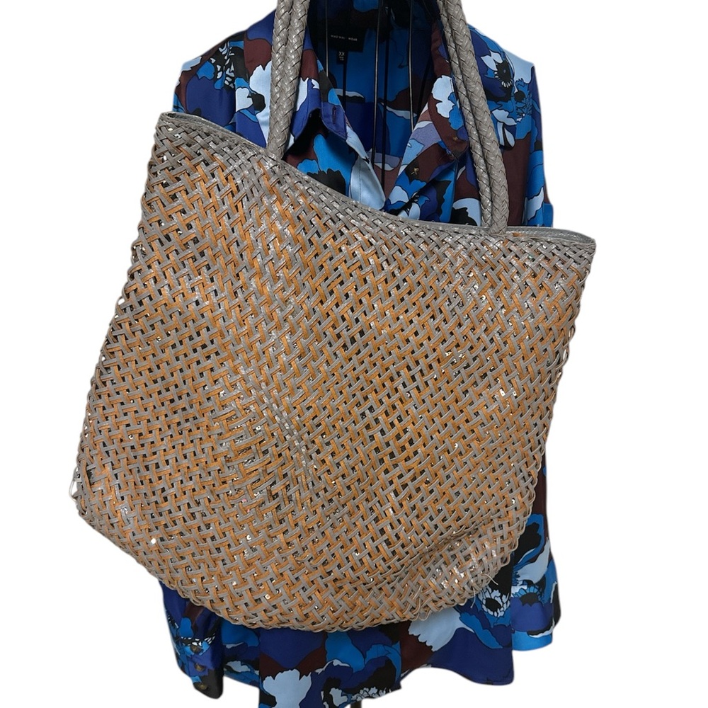 Ashley Stewart Tan and Gray Tote Bag with Woven Texture